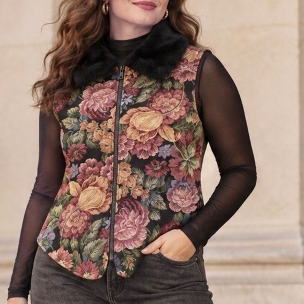 Vtg 90s Great Montana Duster Floral Tapestry Faux Fur Vest Whimsigoth Made USA